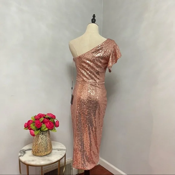 # Mac Duggal Rose Gold Sequins One Shoulder Ruffle Mini Dress / Gown New W/ Tag - Picture 11 of 17